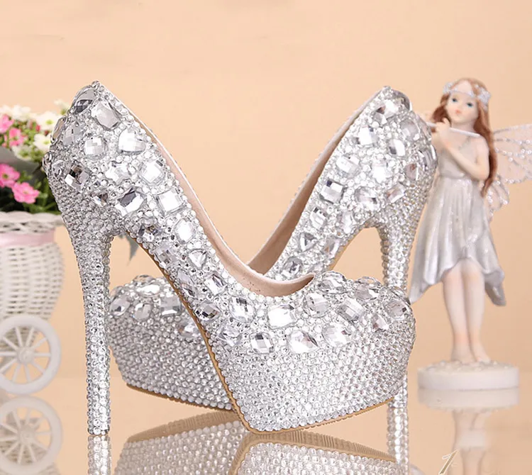 Bröllopskor kvinnor höga klackar kristall mode brud klänningskor kvinna plattformar silver strass parti prom pumps2956