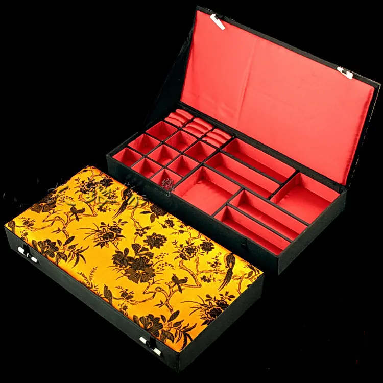 Boutique Wooden Decorative Jewelry Set Gift Box for Necklace Bracelet Earring Ring Storage Case Chinese Silk brocade Packaging Boxes