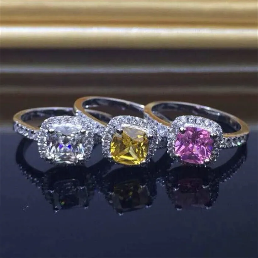 Moda 3ct Princesa-corte Topázio anéis de pedra preciosa Surround Com Minúsculo Diamante Jóias 925 Anel de Noivado De Prata Esterlina Para As Mulheres