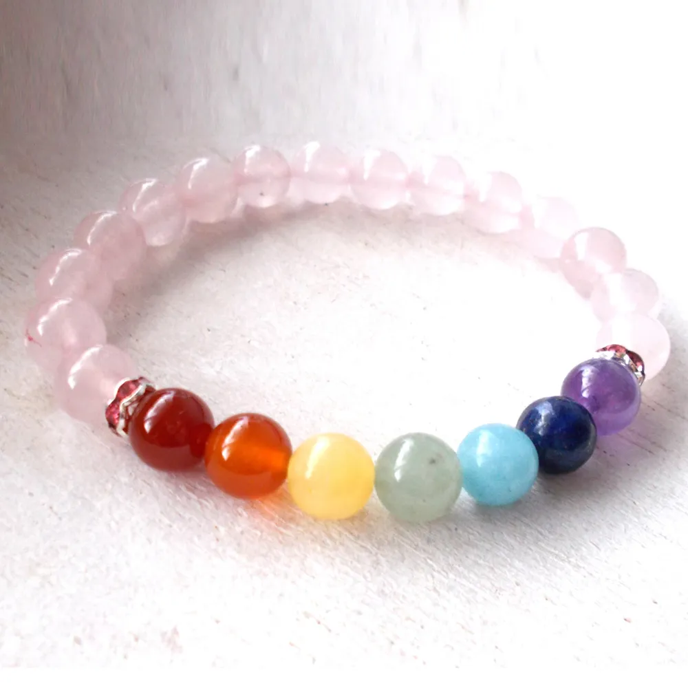Rose Quartz Chakra Bracelet With Crystal Healing Stones Mala Yoga