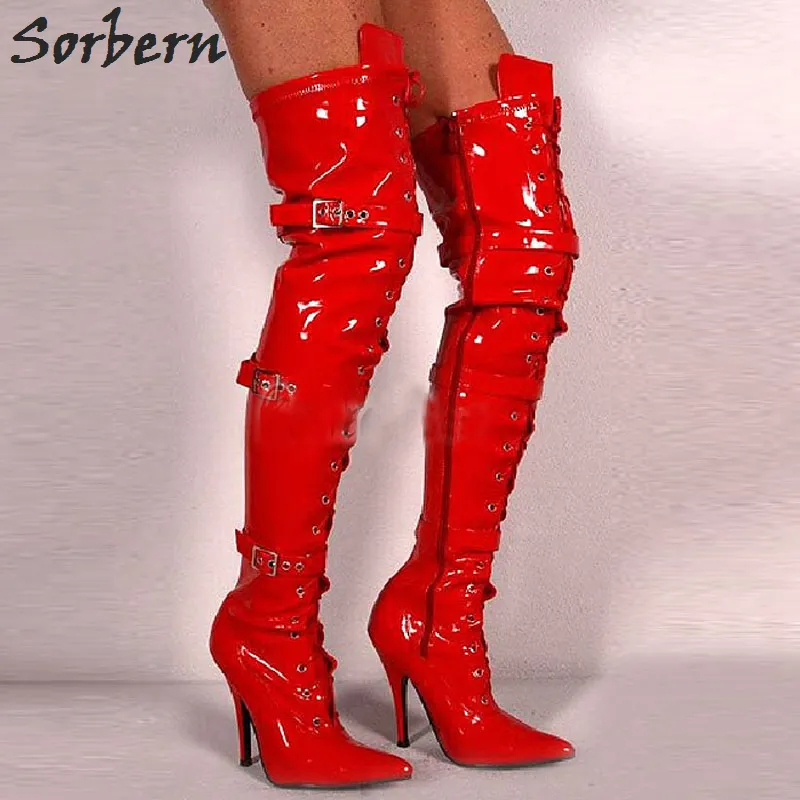 Сорберн на коленях сапоги женские каблуки заостренные пальцы на патентах на бедре длинные ботинки 12 см. Лучшие шнурки-экзотические, фетиш, сексуальные, обувь плюс размер