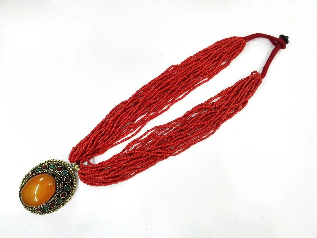 18 '' Ethnic Red Bead Multilayer Naszyjnik Wisiorek Amber Tybetański Biżuteria Oyzz-0011