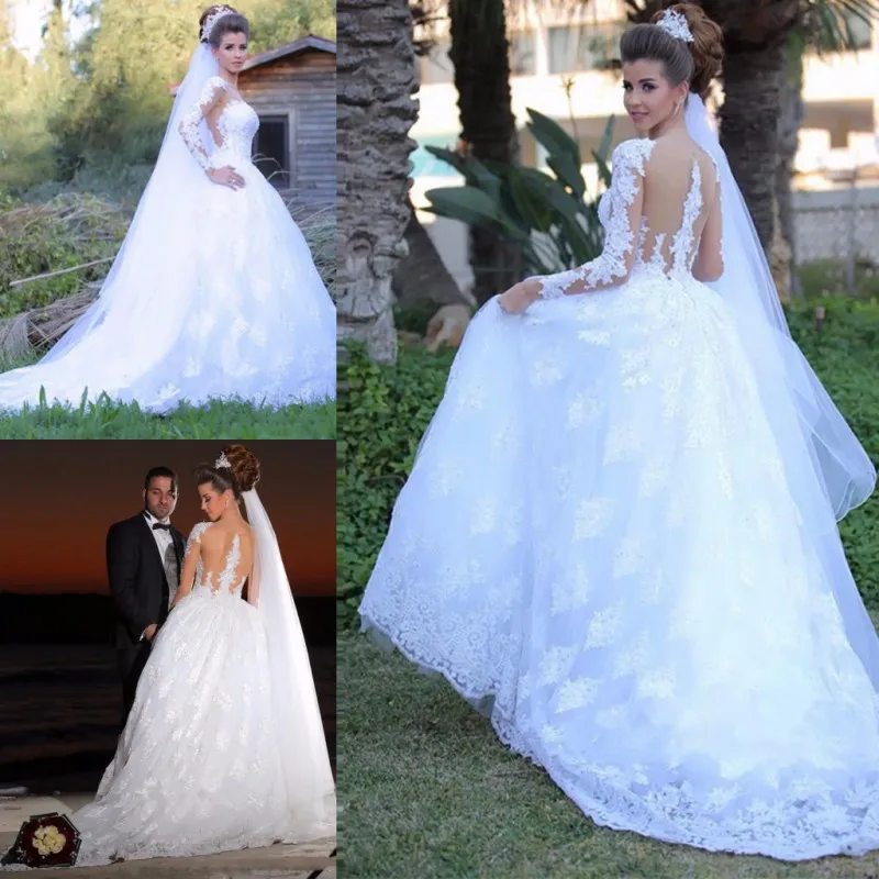 Abiti da sposa a maniche lunghe in pizzo pieno 2017 Sheer Neck A Line Abiti da sposa da giardino vedere attraverso la schiena Spazzata Trainvestido De Noiva