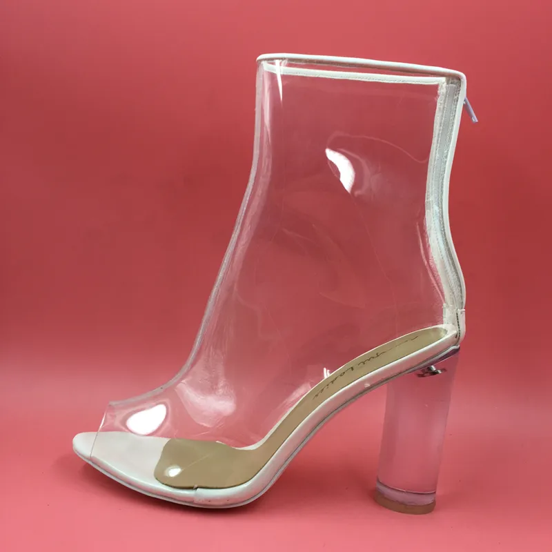 Chaussures de mariage en plastique transparent, bottes transparentes en PVC pour femmes, fermeture éclair au dos court, talons bloc de couleur personnalisés, 10 collections de défilés, bottines