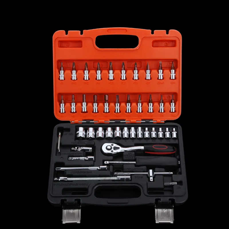 free shipping 46PCS ratchet wrench socket tool box set manual sleeve tools set for emergency car repair automobile hardware tool accessory