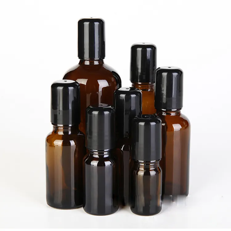 Partihandel Amber Glasrulle på flaskor 5 ml 10 ml 20 ml 30 ml 100 ml Tjocka glasbehållare med SS-rullar och svarta lock på kampanj