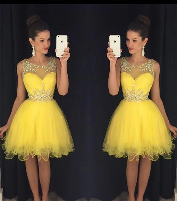 Rhinestone Yellow Cocktail Dresses 8th grade short Prom Dress crystal homecoming dress Sheer Neck Mini Graduation Party Dress Custom Made