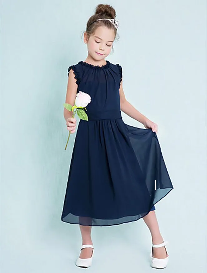 Custom Made Dark Navy Junior Bridesmaid Klänningar Billiga Kolumn Juvel Ärmlös A-Line Ruffles Zipper Back Flower Girl Dresses