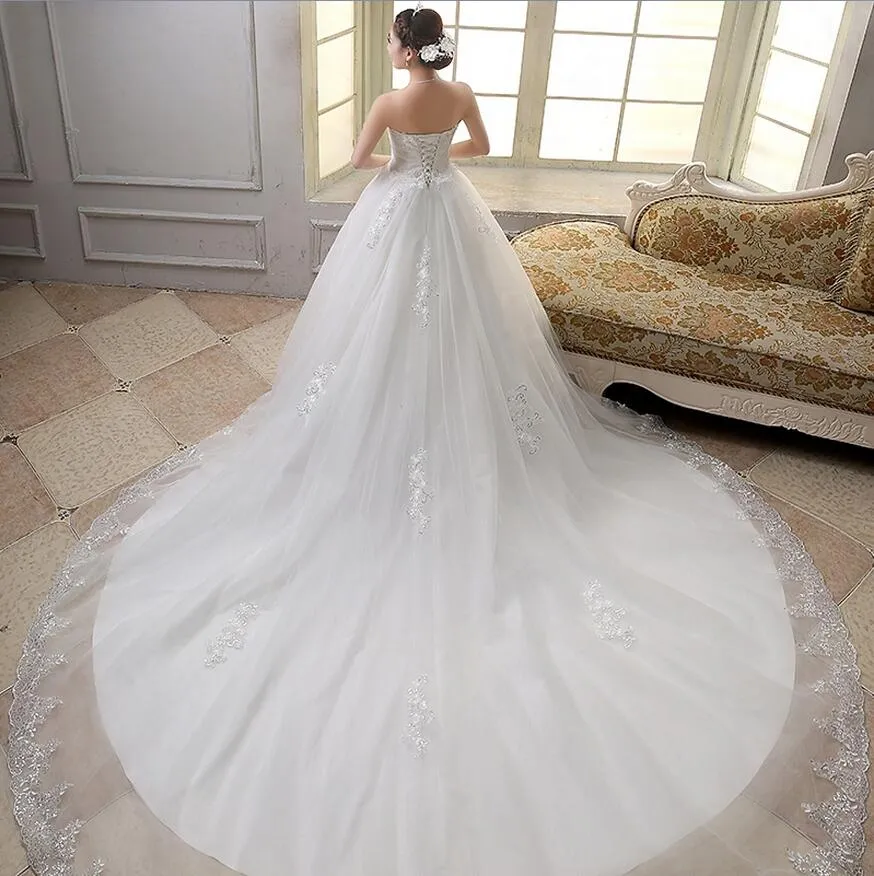 New Arrival Ruffle Tulle Cathedral Train Wedding Dresses Sweetheart Vintage Applique Vestidos Bridal Dress