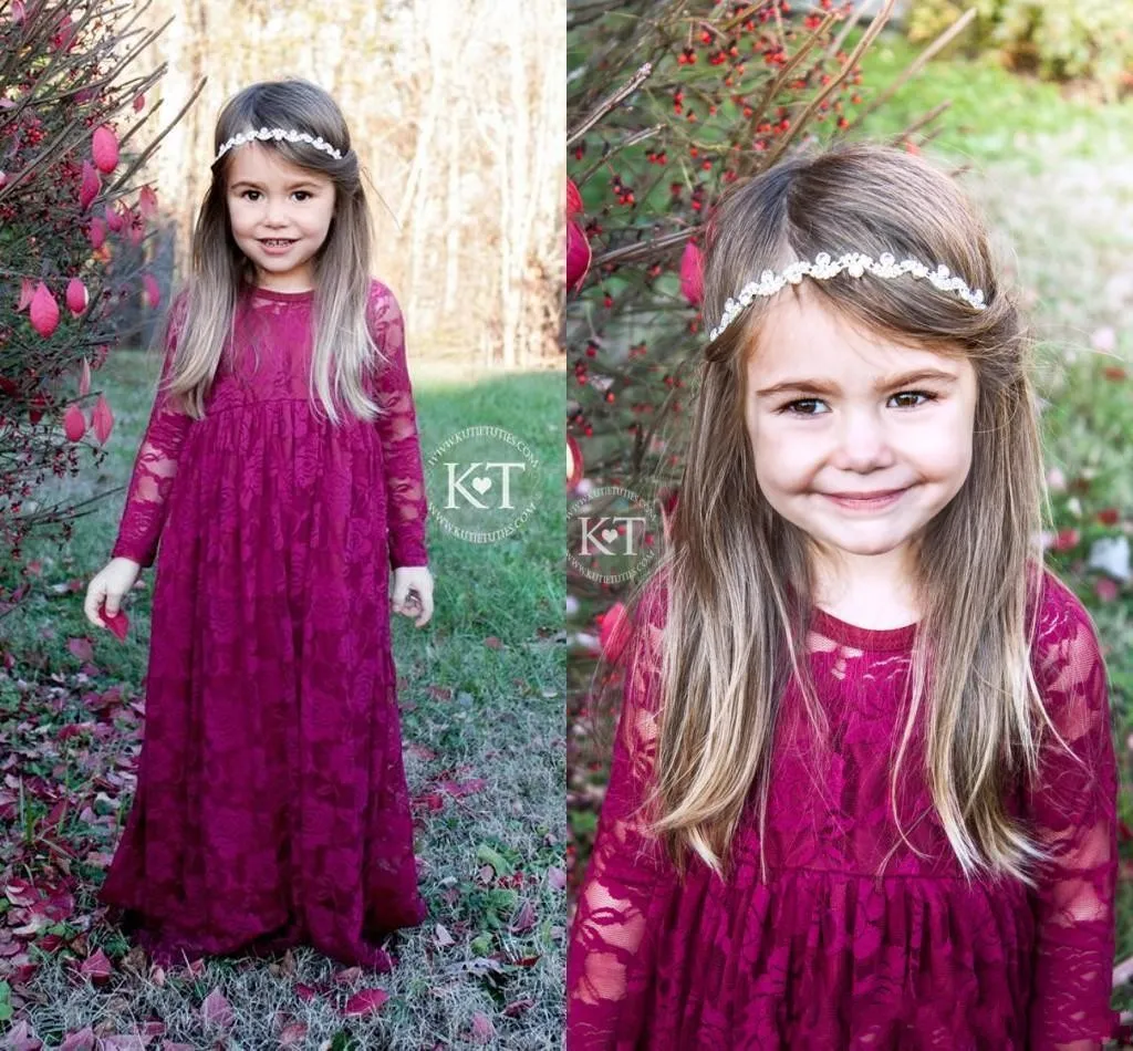 2017 Lovley Vintage Wine Red Long Flower Girls' Dresses Girl's Pageant Dresses Lace Long Sleeves Boho Formal Dresses For Little Girls