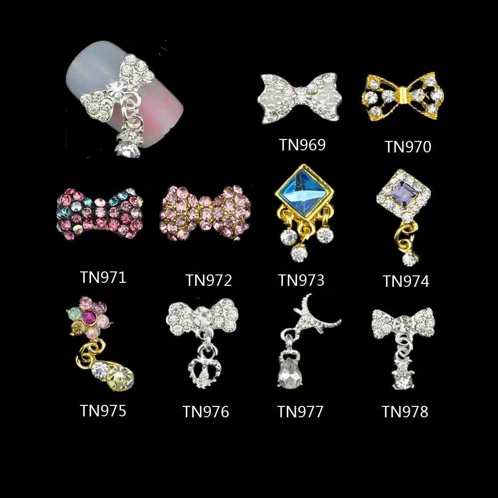 Commercio all'ingrosso- 10 pezzi / lotto 3d chiodi charms charms gioielli in lega di farfallino con pendente glitter cristallo rhinestones decorazioni per nail art TN969-978