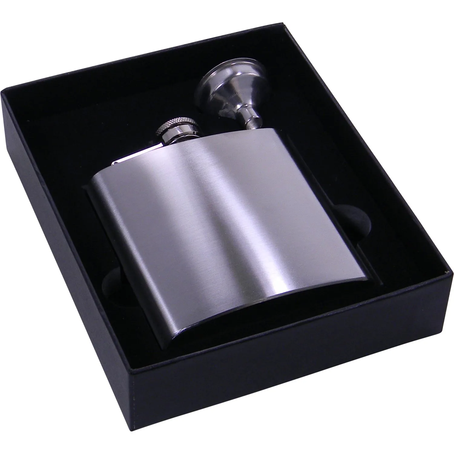 Flacon de hanche en acier inoxydable argenté de 6 oz dans un emballage de boîte-cadeau noir, intérieur en mousse