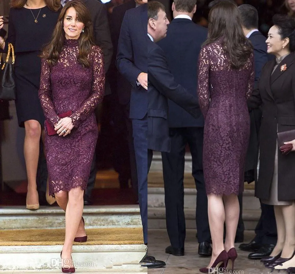 Elegant Mother Bride Dresses: Graceful Purple Lace Knee-Length Dress with  High Neck and Sleeves, Perfect for Wedding Guests
