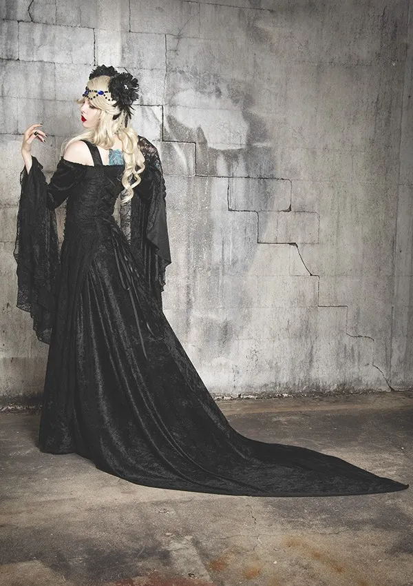 Off-Shoulder Victorian gothic evening gown Halloween with Long Sleeves - Perfect for Prom, Cosplay, and Vampire Devils