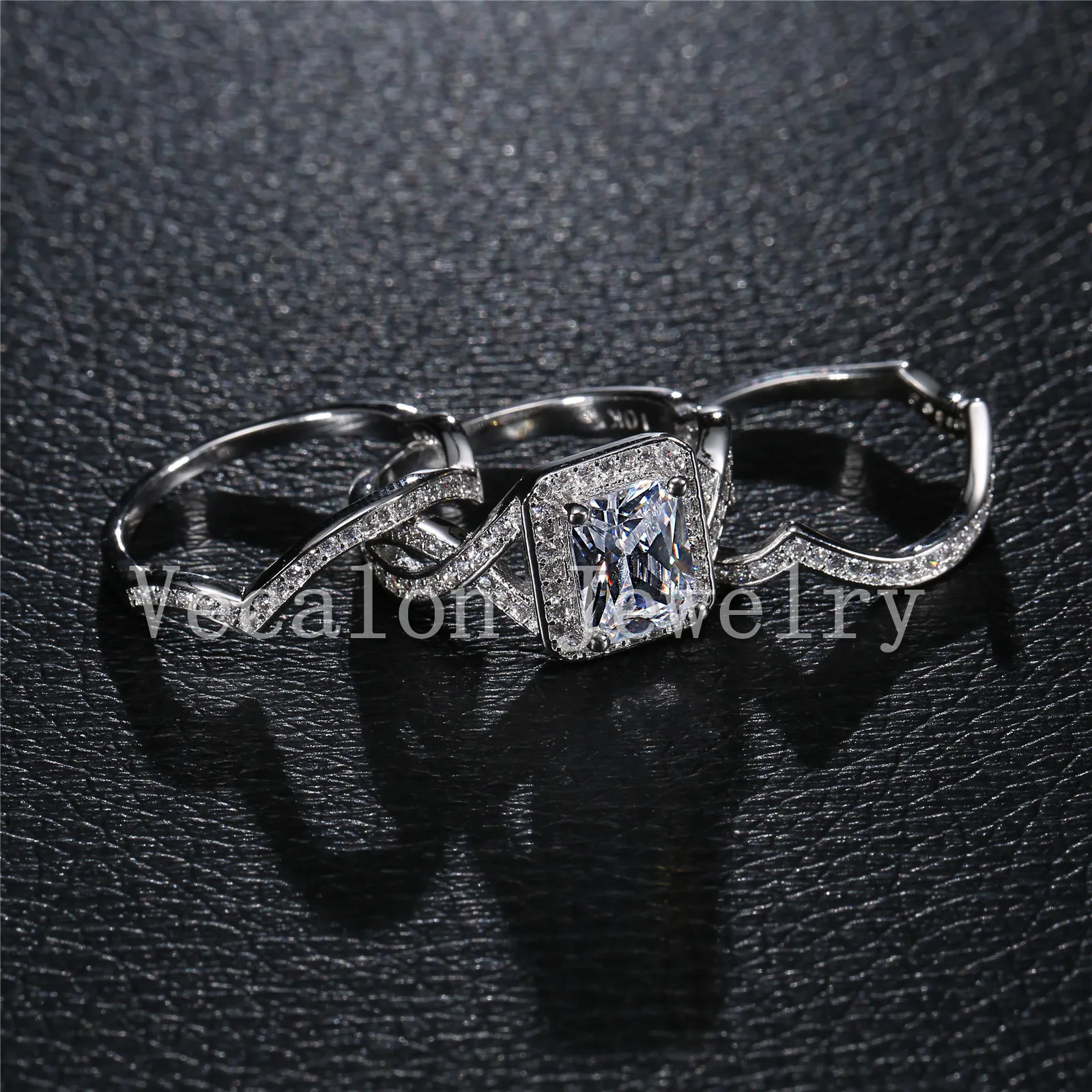 Vecalon Princess Cut 4ct مقلد الماس تشيكوسلوفاكيا 3-in-1 خطوبة الزفاف الفرقة حلقة مجموعة للنساء 10kt الذهب الأبيض مملوء الدائري