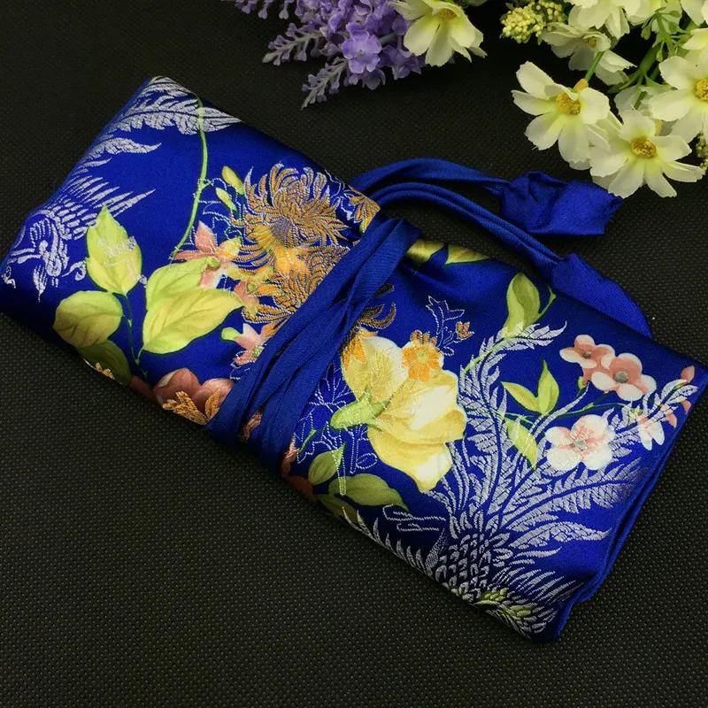 Large Pretty Flower Foldable Jewelry Roll Up Travel Bag Cosmetic Makeup Storage Bag Drawstring Chinese Silk Brocade Pouch Bag 