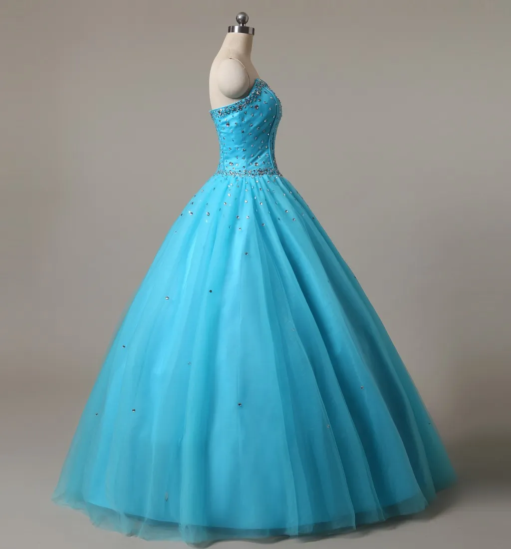 2017 New Sexy Blue Quinceanera Платья для бальных платьев с бисером Кристаллы Кружевные Сладкие 16 Платья 15 лет Пром Пром Сток 2-16 QS1044