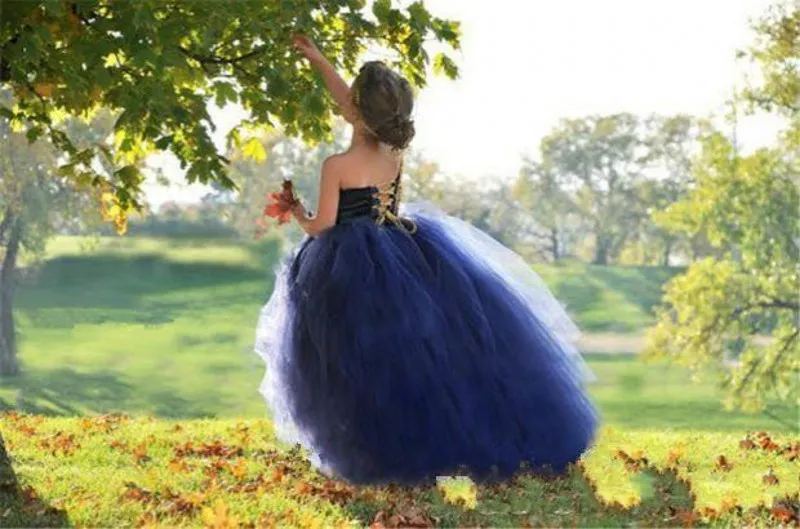 Bleu foncé Tulle Robe De Bal Fleur Fille Robes Pour Le Mariage 2016 Une Épaule Filles Pageant Robes Dentelle Up Longueur Longueur Robes De Fête D'enfant