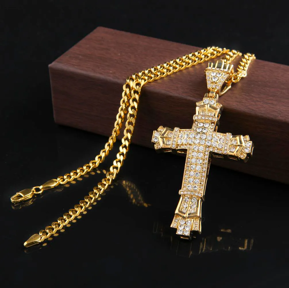 Zilveren Hip Hop Cross Charm Hanger Full Ice Out CZ Simulated Diamonds Catholic Crucifix Christian Hanger Ketting met lange Cubaanse ketting