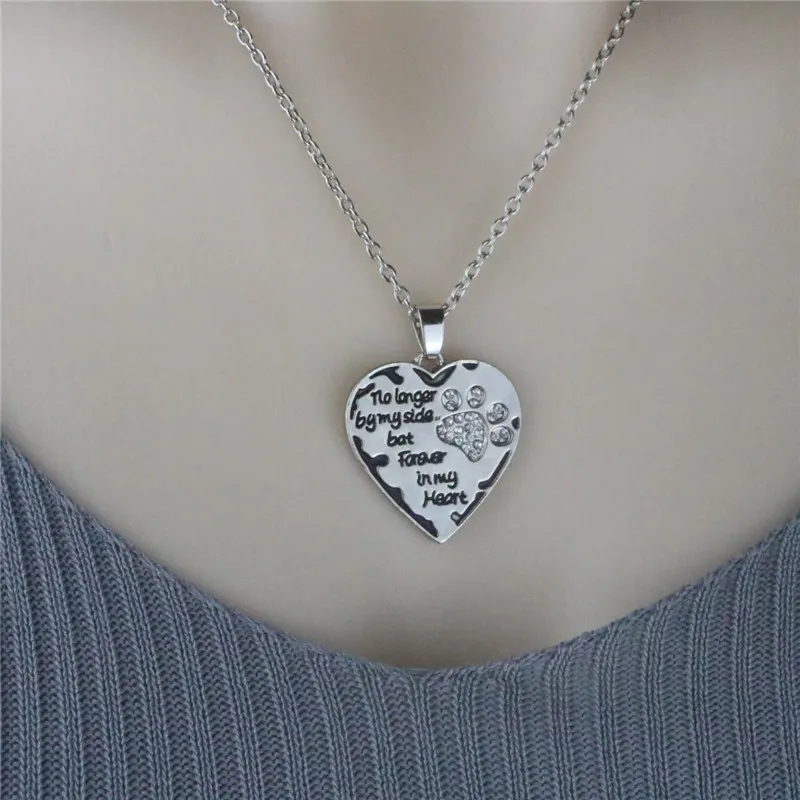 Heart Dog Paw Necklace No Longer By My Side Pendant Necklaces Silver Plated Rhinestone Women Short Heart Necklace Gift