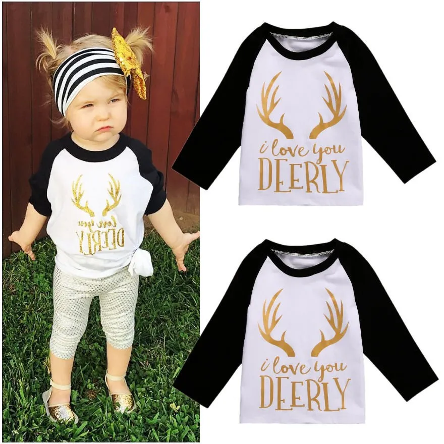Nieuwe Xmas Kids Peuter I Love You Deerly Letters Gedrukt Meisjes Baby Mode Kleding Lange Mouwen Tops Wit T-shirt Casual Girl Cute Tshirt