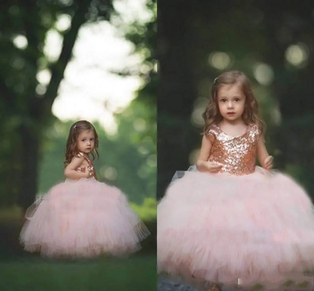 Rose Gold Sequin Flower Girls Dresses 2018 New Puffy Ball Gown Floor Length First Communion Dresses Girls Pageant Gown Custom Made Cheap