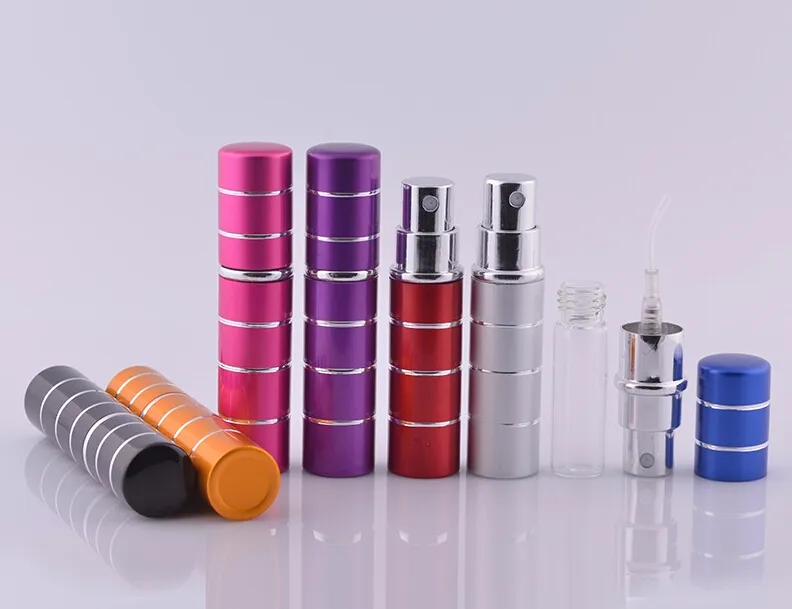 100st / parti 5ml Hot Selling Pump Stitching Glass Perfume Bottle Atomizer Anodized Aluminium Tom Glas Travel Refillerbar Spray