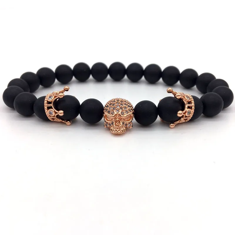 Fashion brand natural Beads Strand PULSERA Pave CZ skeleton cráneo black Agate stone , Piedra, ROCA Hombres de energ í a Europeo joyería Bud