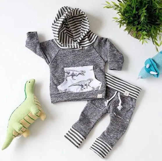 Ins Infant Baby Set Boys Diasosaur Outfits Kids Stripe Hooded Tops Sweatshirt + Pants 2pcs Children Cotton Clothing Suit 13532