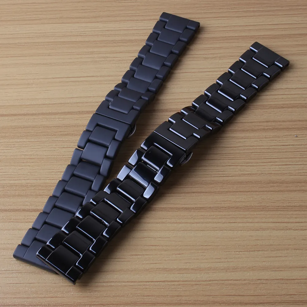 Pulseira de cerâmica preta polida e fosca, relógios masculinos e femininos, acessórios de moda, pulseira com fivela borboleta 20mm 22mm, ajuste smar196c