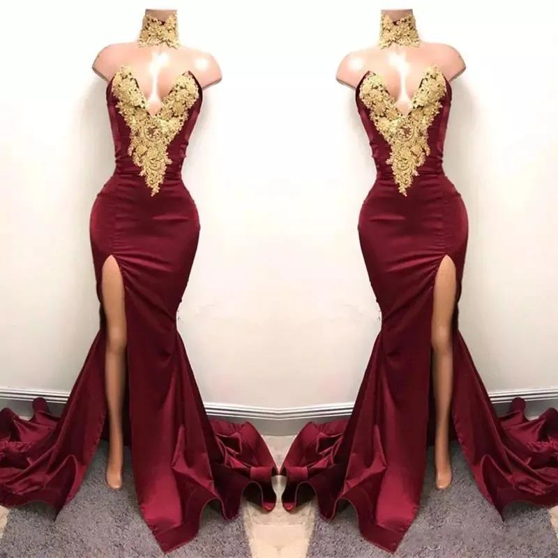 2017 Nya sexiga afrikanska Bourgogne -klänningar Evening Wear Mermaid Gold Lace Appliqued Front Split 2K18 Elegant Formal Evening Party284L