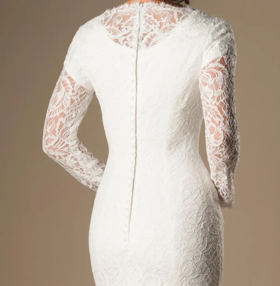 Vintage 1950er Jahre Spitze Meerjungfrau bescheidene Brautkleider mit langen Ärmeln einfache Rezeption Probe Abendessen Brautkleider Vestido De Noiva