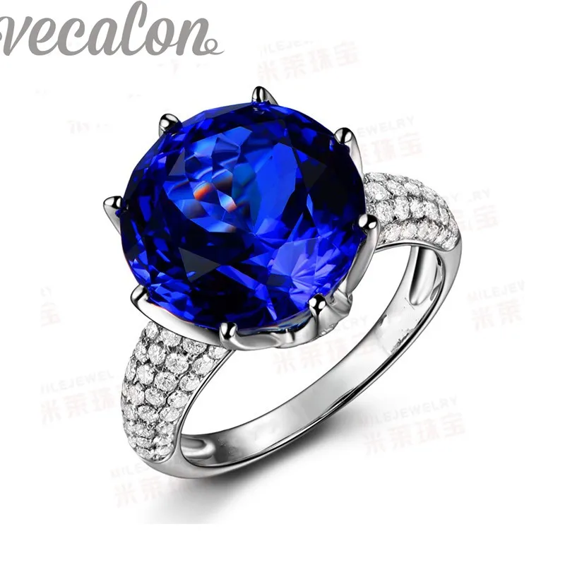 Vecalon Mode Crown Trouwring voor vrouwen Ronde 8ct Sapphire Gesimuleerde Diamond CZ 925 Sterling Silver Engagement Band Ring