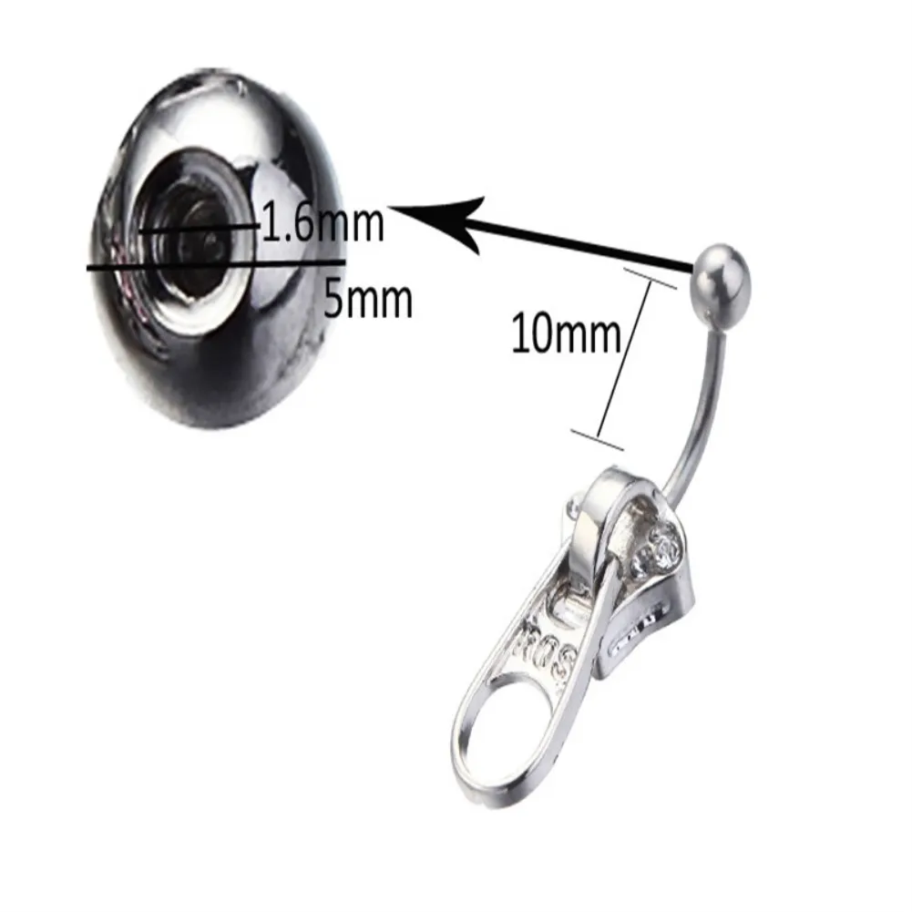 Body Piercing Navel Belly Button Ring Bar Rhinestone Zipper Style 316L