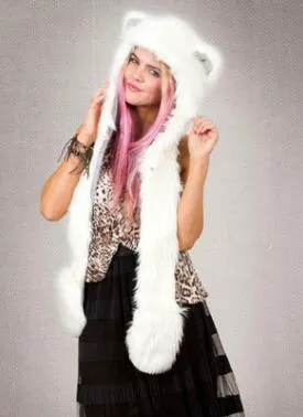 Kobiety Dziewczyna Dama Projektant Cute Animal Fur Hat Hood Scarf Rękawiczki Zestaw Zima Czapka Z Zwierząt Uszy Kapelusz Halloween Boże Narodzenie prezent