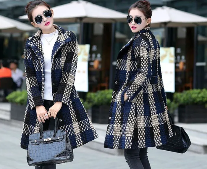 Fashion Plus Größe Frauen Plaid Wollmantel Koreanische Lose Oversize Woolen Outwear Midi Wolle Mischt Trenchcoat Herbst Winter Mantel Größe XL-4XL