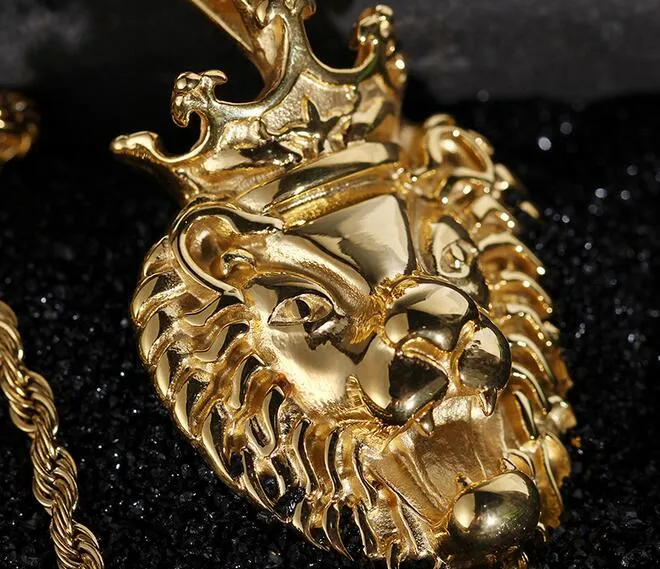 Classical Design Men's Best Jewelry Gift Large 316L Stainless steel Biker Gold Crown Lion Head Pendants Necklace XMAS Gifts