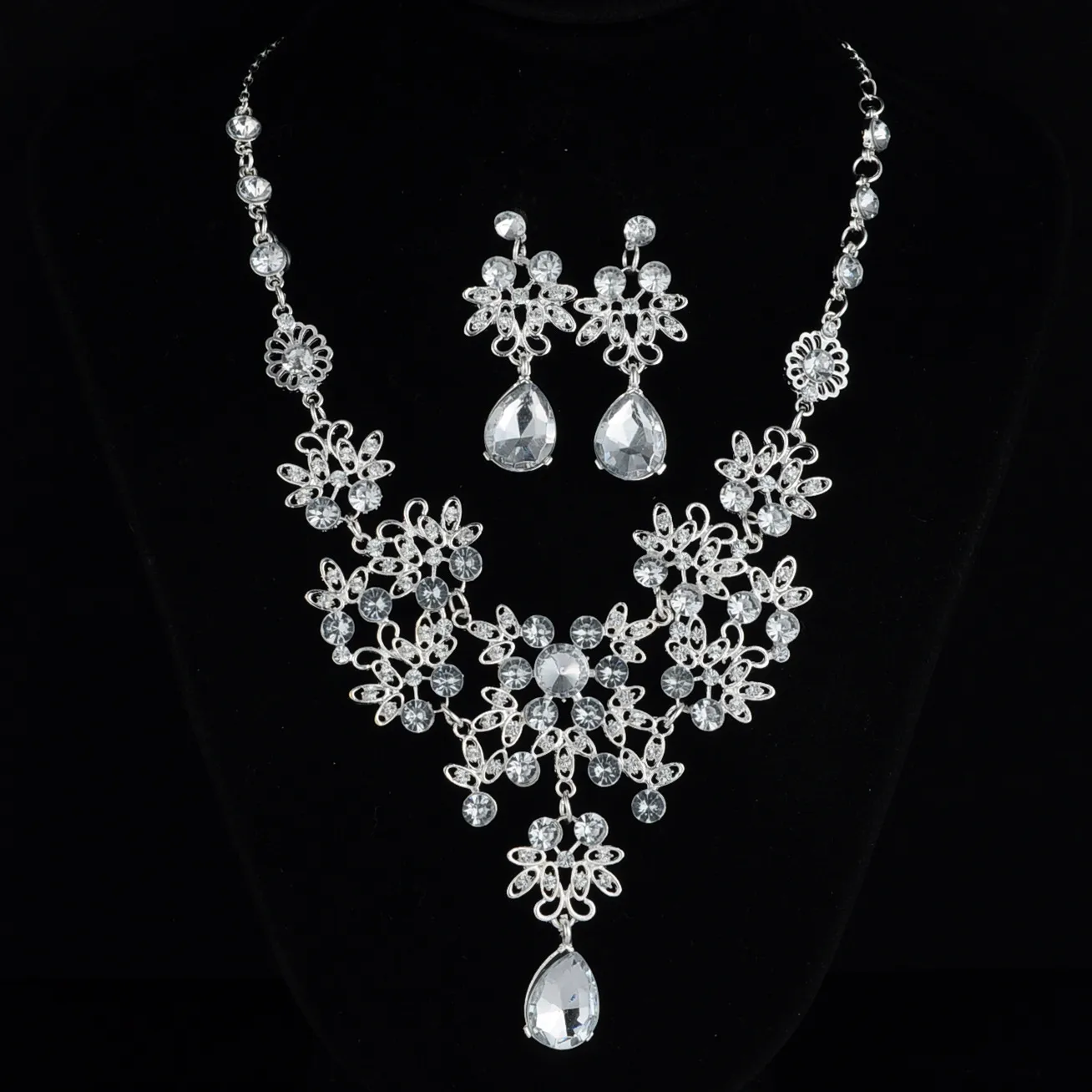 Rhinestone Jewelry Necklace And Earring Set For Wedding, Crystal