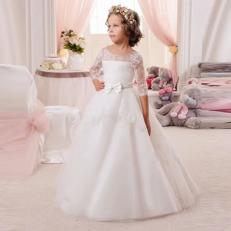 Satin First Communion Gown with Train and Virgin Mary - FirstCommunions.com