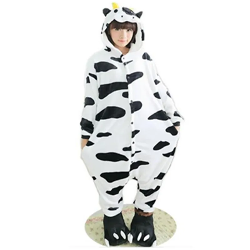 Velo peludo Adorável Adulto Unisex Animais Lindo leite de vaca vaca Pijamas Onesie Sleepsuit Cosplay Leite Sleepwear Dos Desenhos Animados Vaca onesies jumpsuit