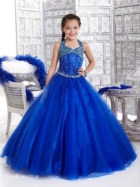 Söt Royal Blue Girl's Pagant Klänning Halter Neckline Beaded Princess Party Cupcake Flower Girl Pretty Dress For Little Kid