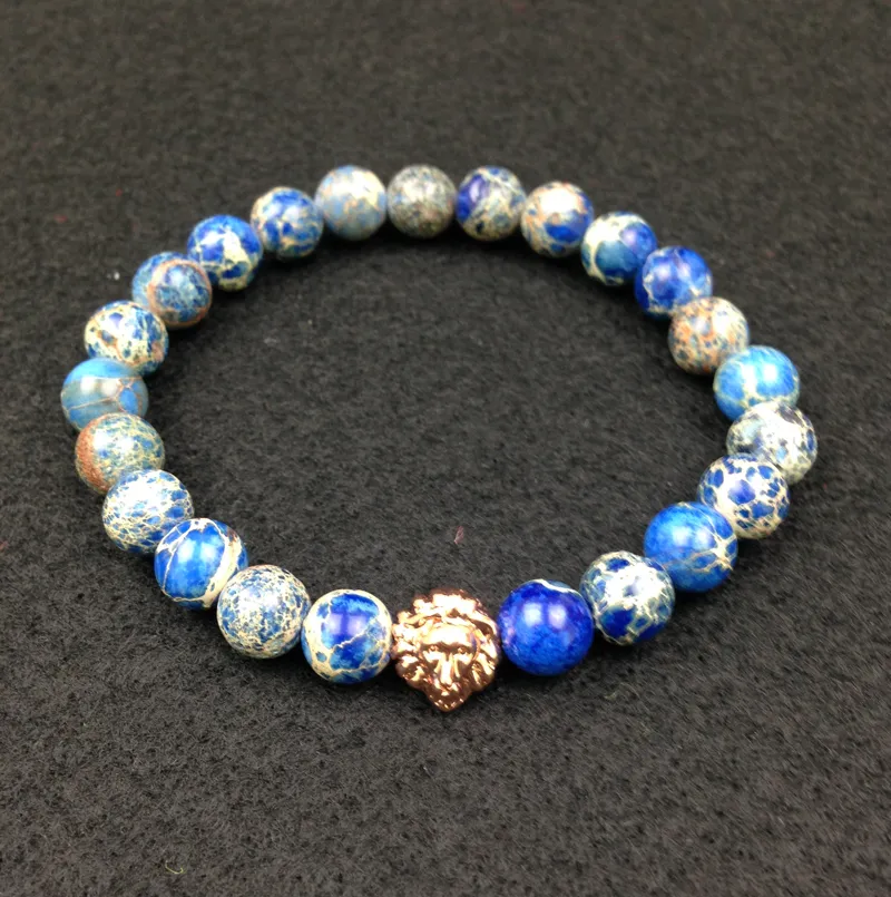 SN0446 8mm bleu mer sédiments pierre perles 18K or Rose or argent tête de Lion Bracelet, 2016 nouveau Design haute qualité bijoux pour hommes