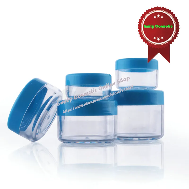 100 stks / partij helder plastic huidverzorging crème pot 15g lege cosmetische verpakking containers met blauwe caps groothandel pj12