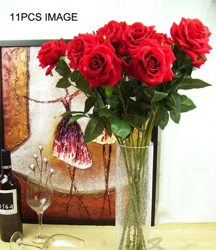 En gros 26.8inch Grande floraison Red-rose Fleurs Artificielles Flocage Roses Rouges En Gros Affichage Fleur pour la maison décorations De Noce