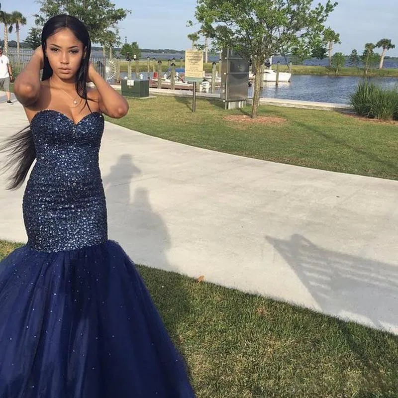 Navy Blue 2k17 Prom Dresses Sexy Beaded Mermaid Evening Gowns Lace Up Back Floor Length Cocktail Party Dresses Custom Made