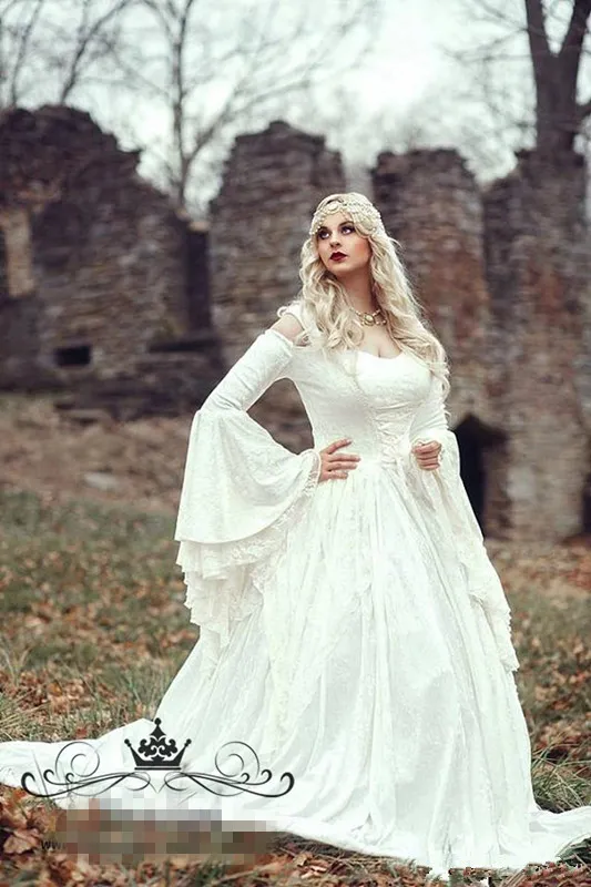 Renaissance Gothic Lace Ball Gown Wedding Dresses With Cloak Plus Size Vintage Bell Long Sleeve Celtic Medieval Princess Bridal Go2973977