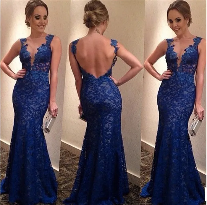 Evening Dress V-Neck Long Sleeve Backless High Quality Custom Made Mermaid Royal Blue Lace Formal Floor Length Sexy Fashion Long Prom Gowns