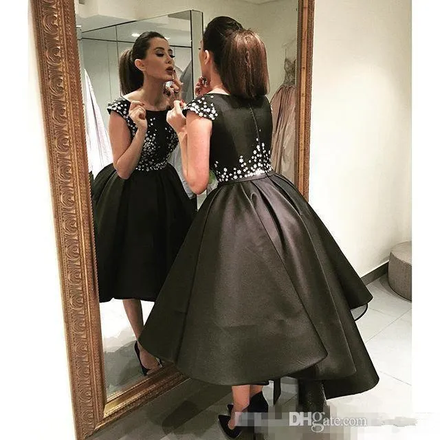 Alta Baixa Preto Vestidos de Baile 2017 Applique Flor Rendas Vestido de Formatura vestido de Baile Curto Vestido de Festa Tripulação Pescoço de Cetim vestido de noite custom made