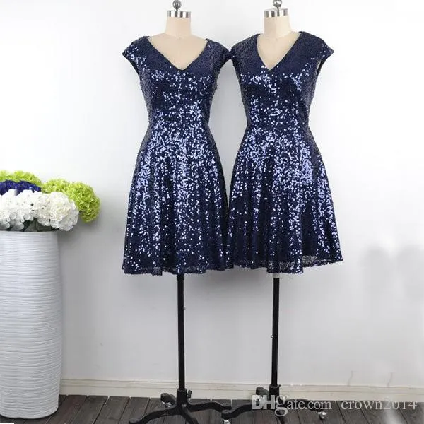 Navy Blue Sequin V-Neck Navy bridesmaid dresses short with Sleeves and Zipper Back - Plus Size Formal Wedding Party Gown Navy Blue Sequin V-Neck Navy bridesmaid dresses short with Sleeves and Zipper Back - Plus Size Formal Wedding Party Gown