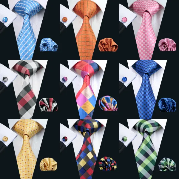 Hızlı kargo ekose kravat seti serisi kravat seti erkekler için klasik ipek hanky kol düğmeleri jakarlı dokuma toptan kravat erkek kravat seti